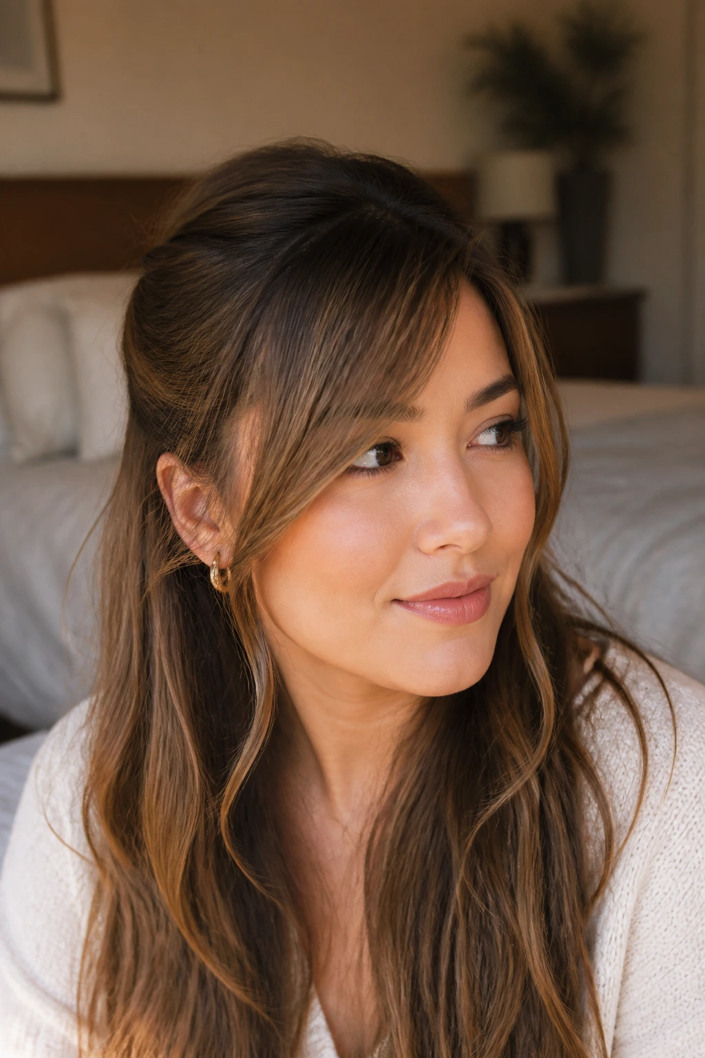 Close-up of a real woman with half-up-friendly side bangs and a loose half-up style