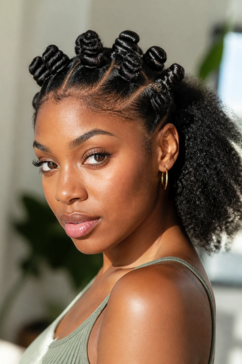 Portrait of half-up bantu knot crown hairstyle on natural hair.