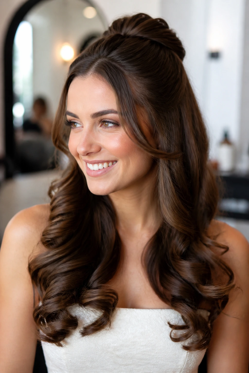 Close-up of a real woman wearing a half-up barrel curl set