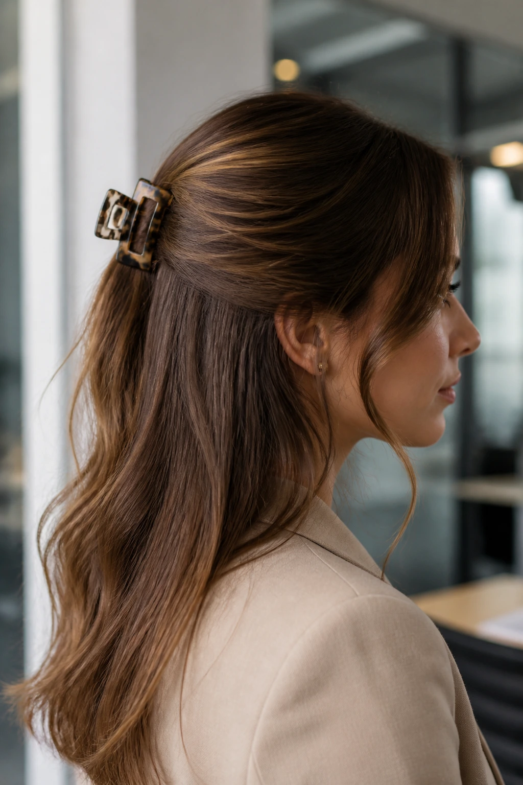 Close-up portrait of a woman wearing a half-up hairstyle secured with a barrette in an office