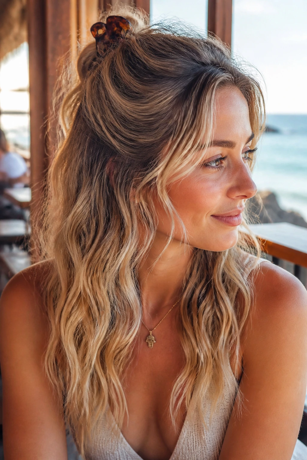 Close-up of real woman with half-up beach waves and loose top section
