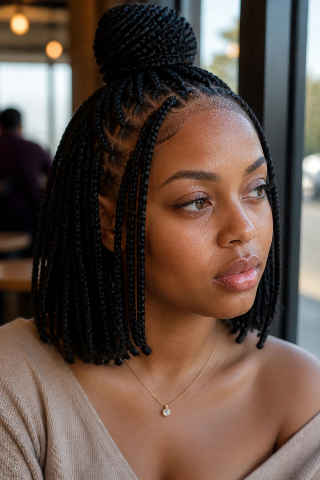 Close-up of a real woman with half-up half-down bob box braids