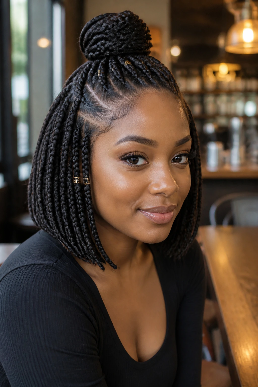 Close-up portrait of a real person with half-up bob braids in a cozy cafe