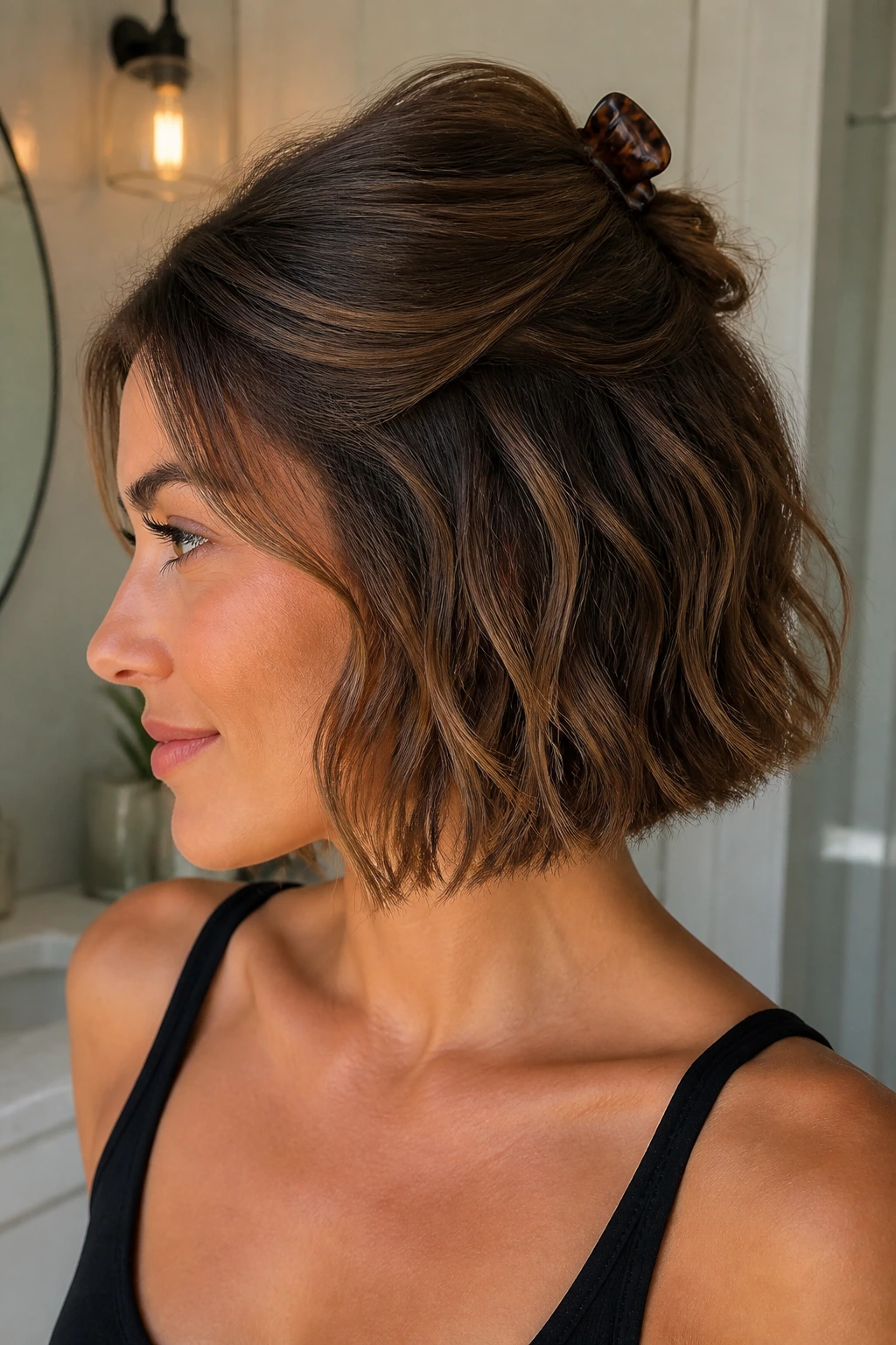 Portrait of a real woman with half-up bob secured by a claw clip and visible waves