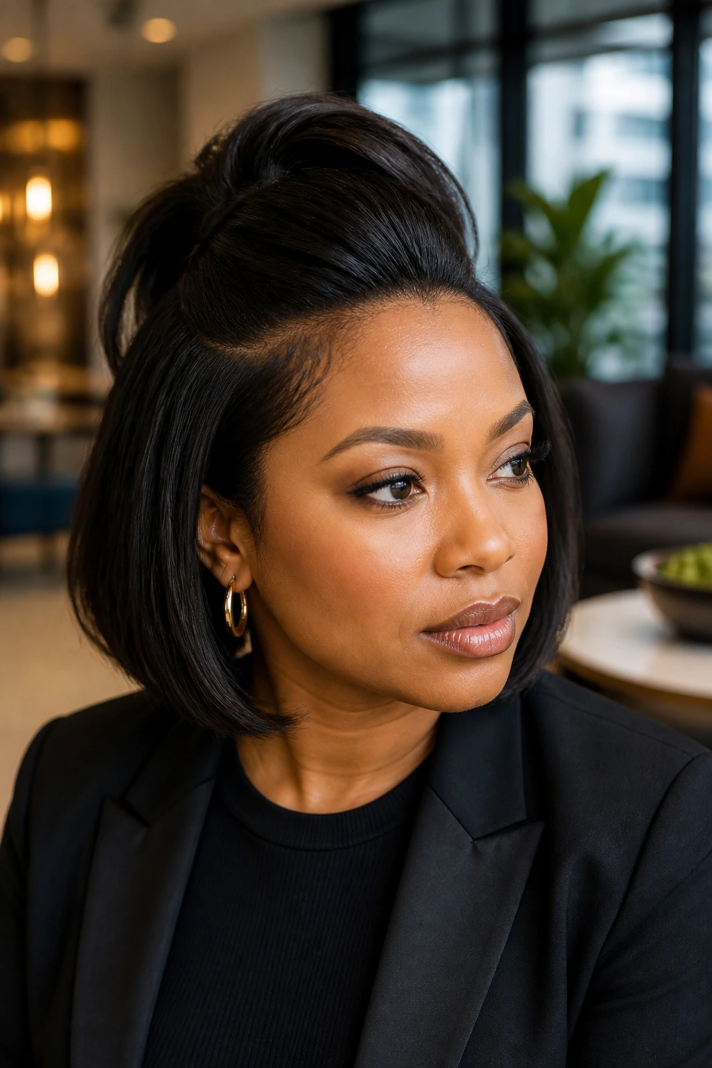 Real woman with half-up bob showing a crown lift in natural daylight