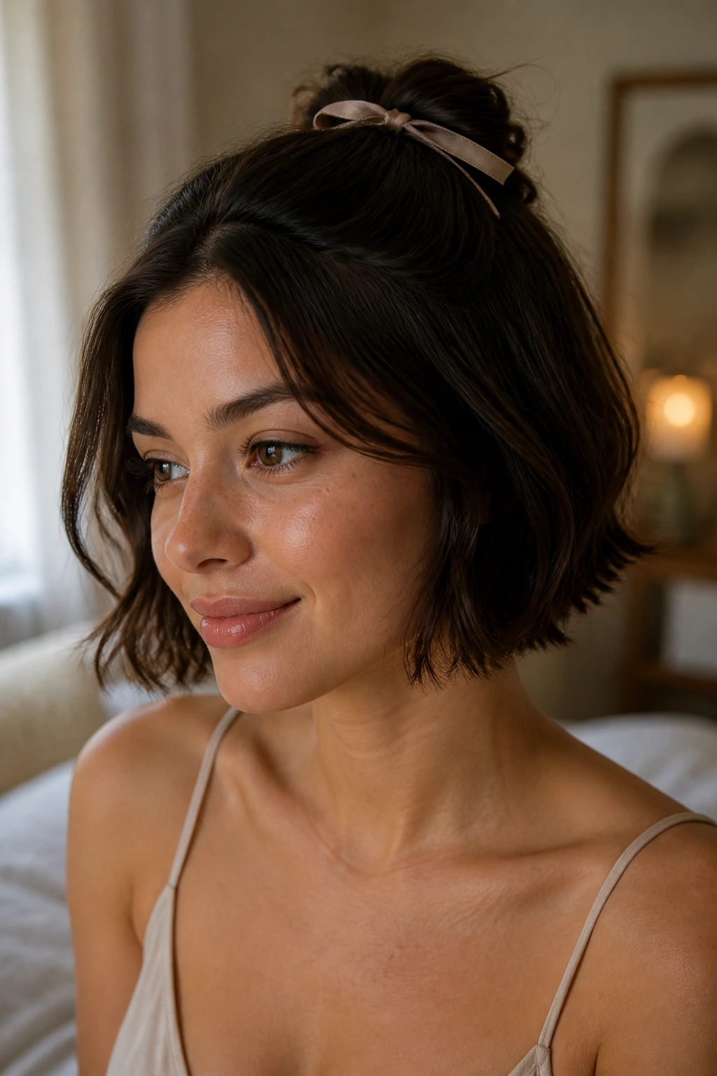Close-up portrait of a woman with a ribbon-tied half-up bob in soft natural light