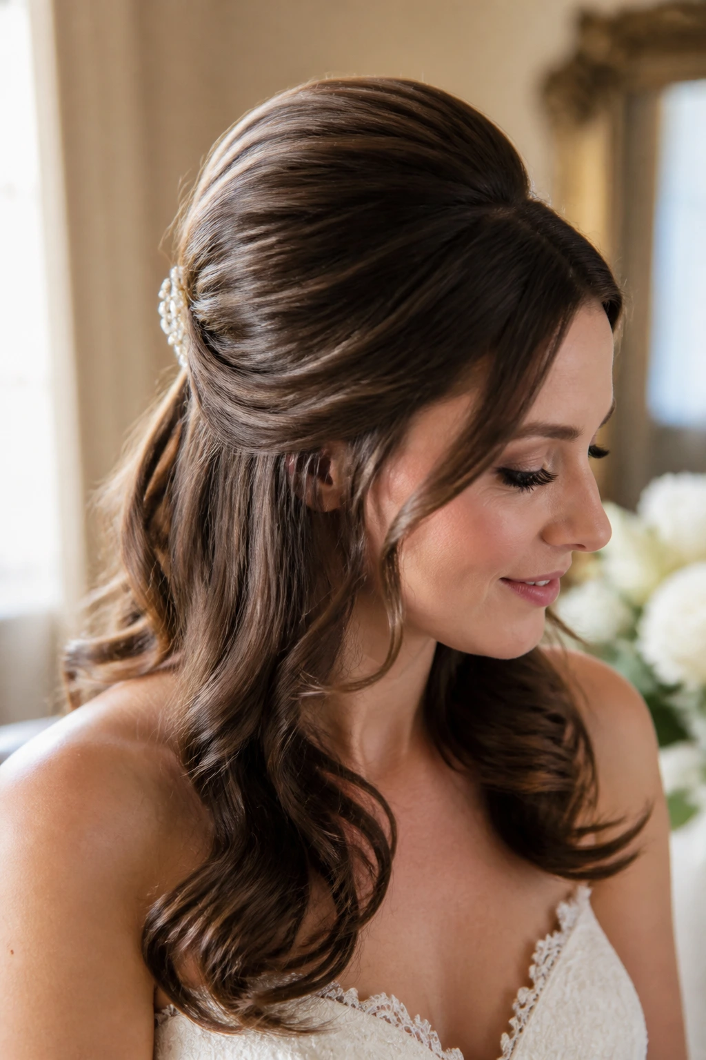 Close-up of a real bride with half-up bouffant and curled ends.