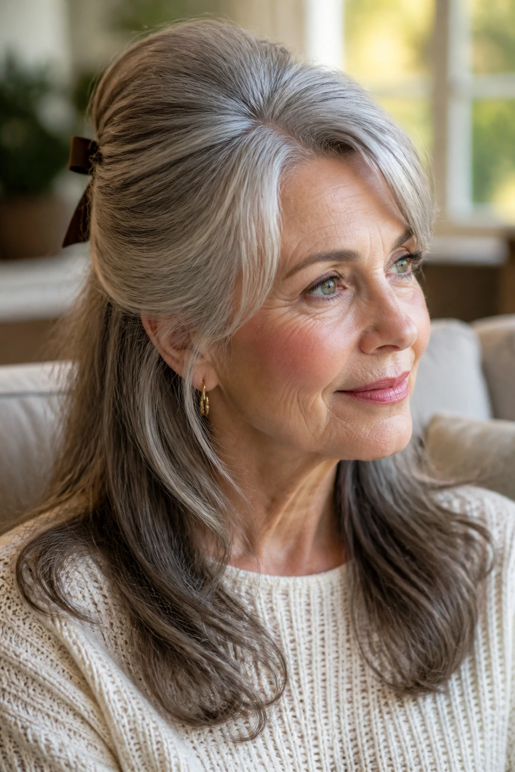 Close-up portrait of a real woman with half-up bouffant in a sunlit living room
