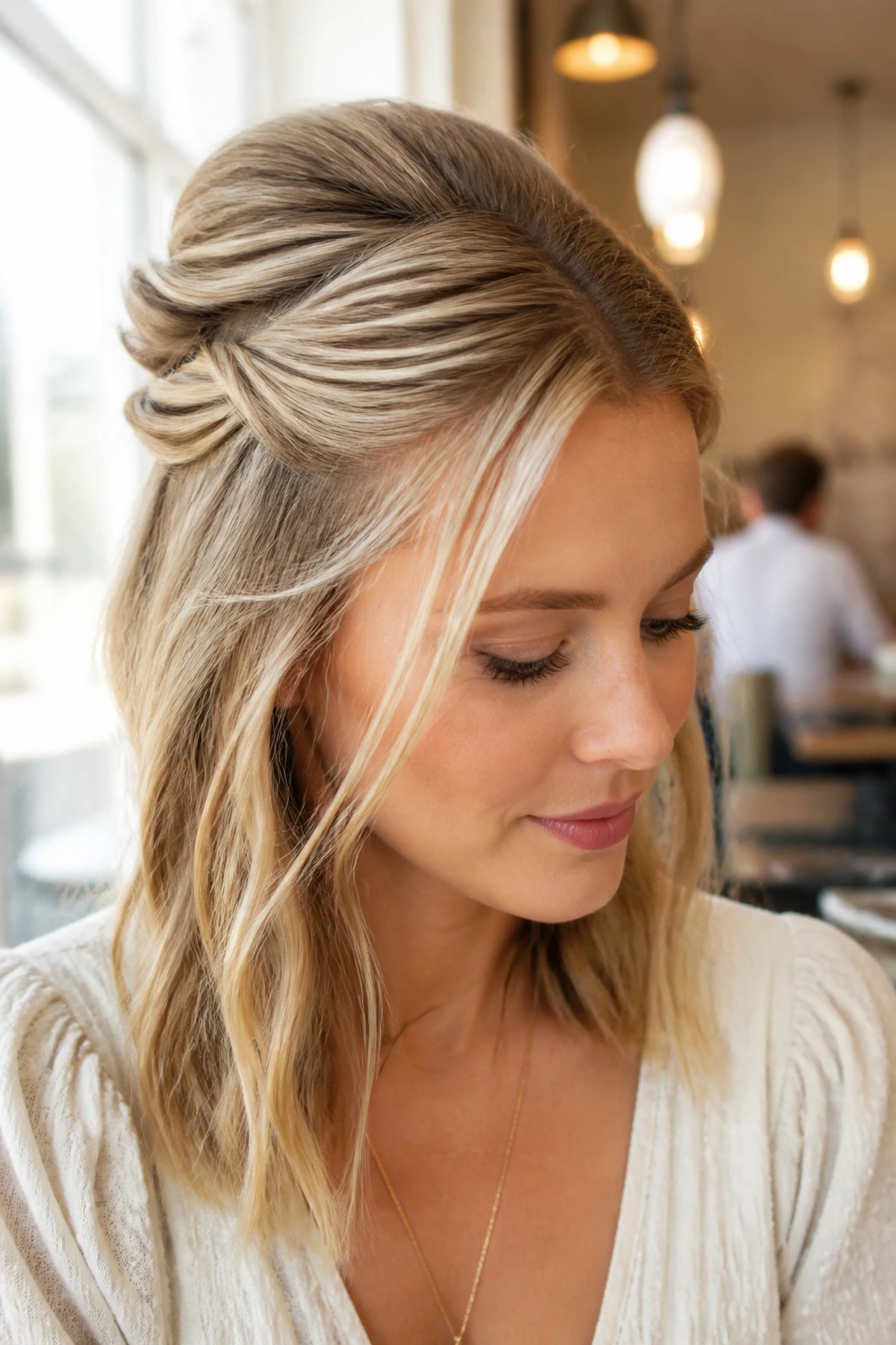 Close-up of a real woman with a half-up bouffant twist, crown lift pinned at the crown in natural cafe light.