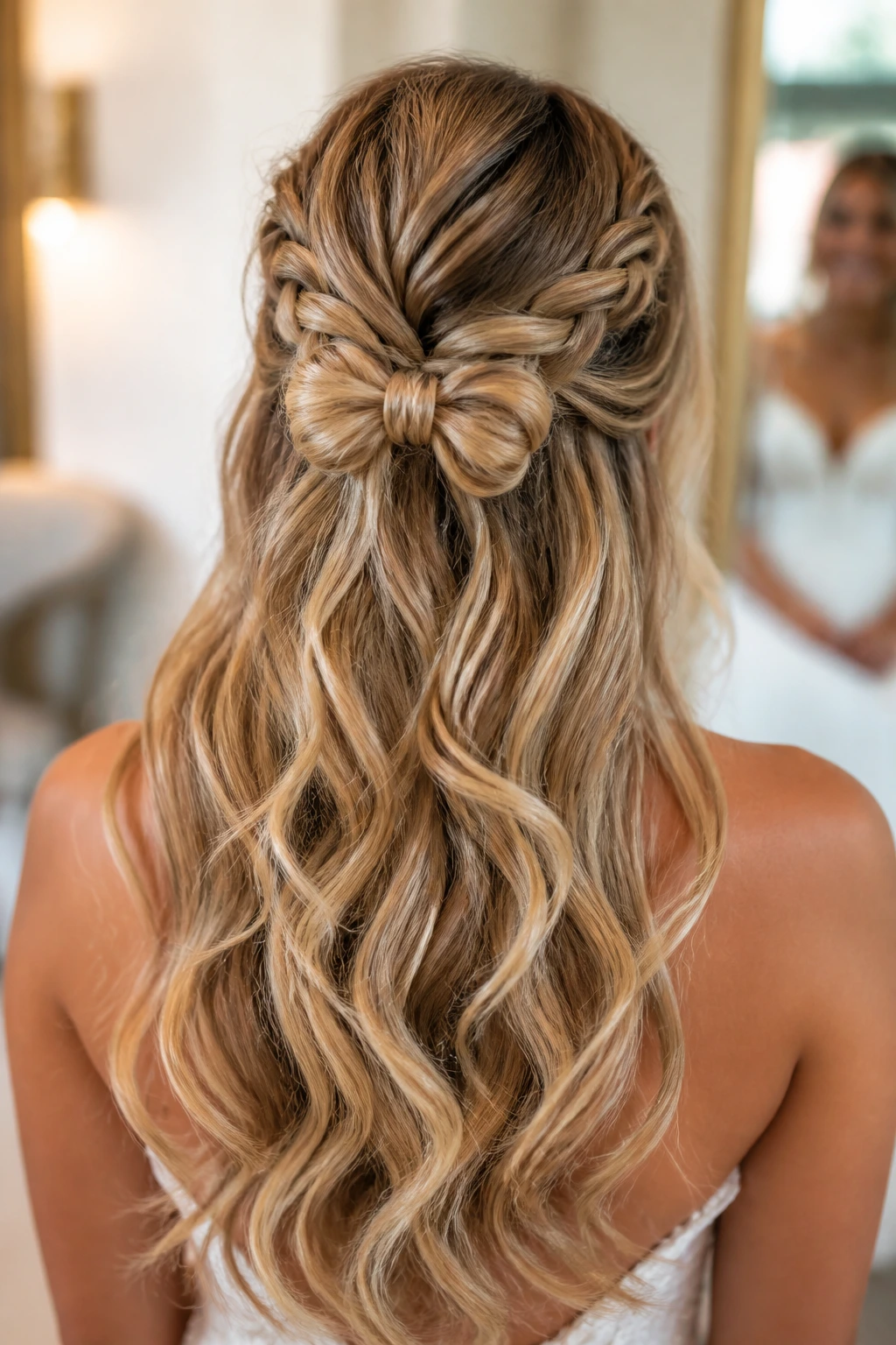 Back view of bride with half-up bow braid and clip-ins