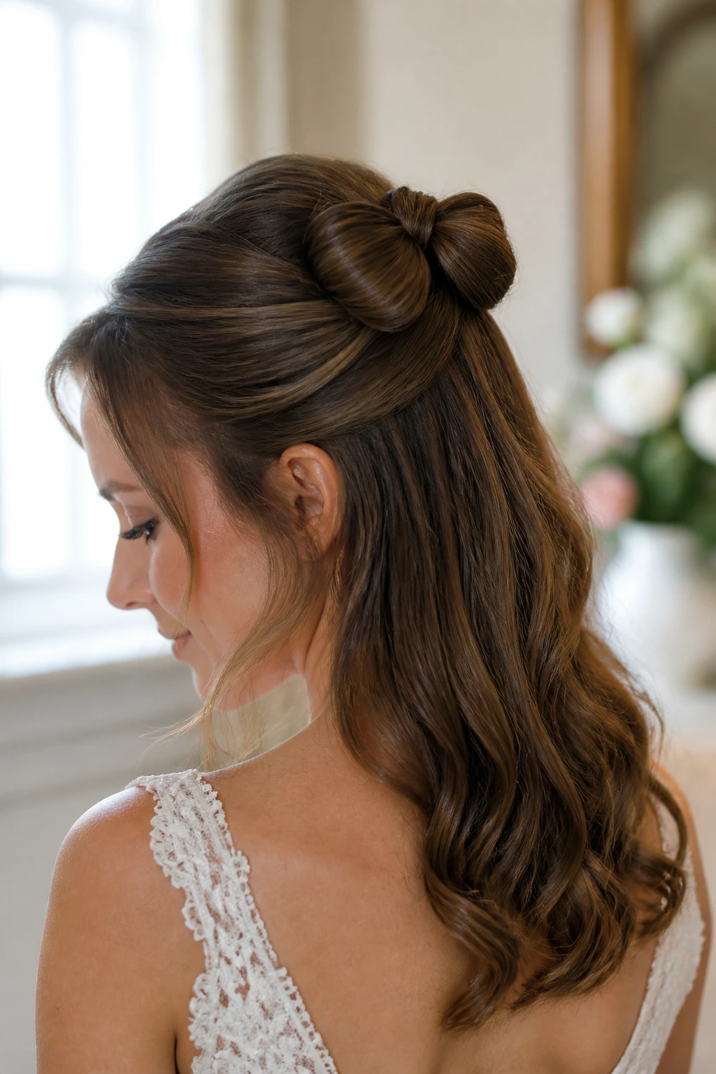Close-up of a bride showing a half-up bow bun hairstyle