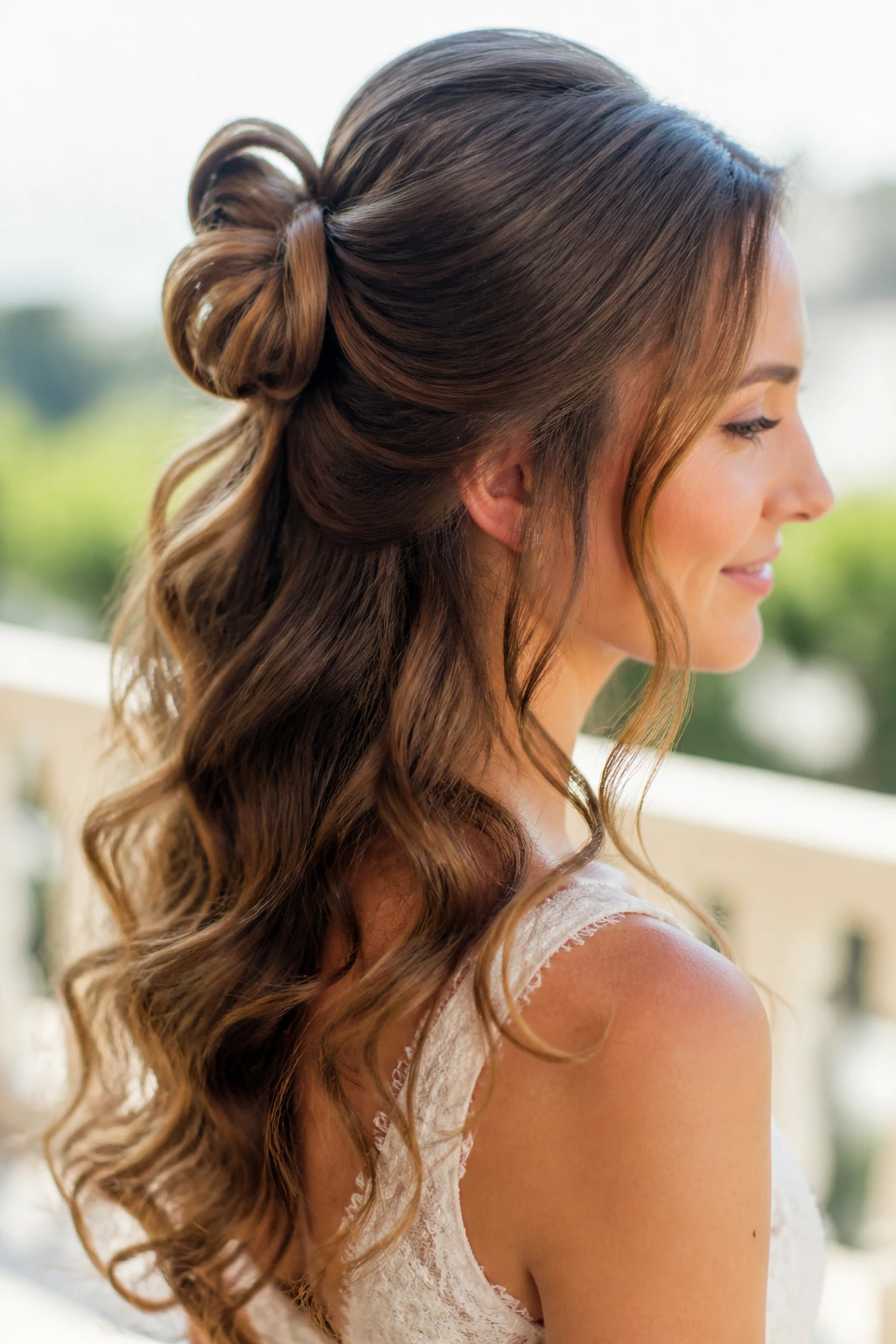 Real bride with half-up bow bun and soft loop hairstyle