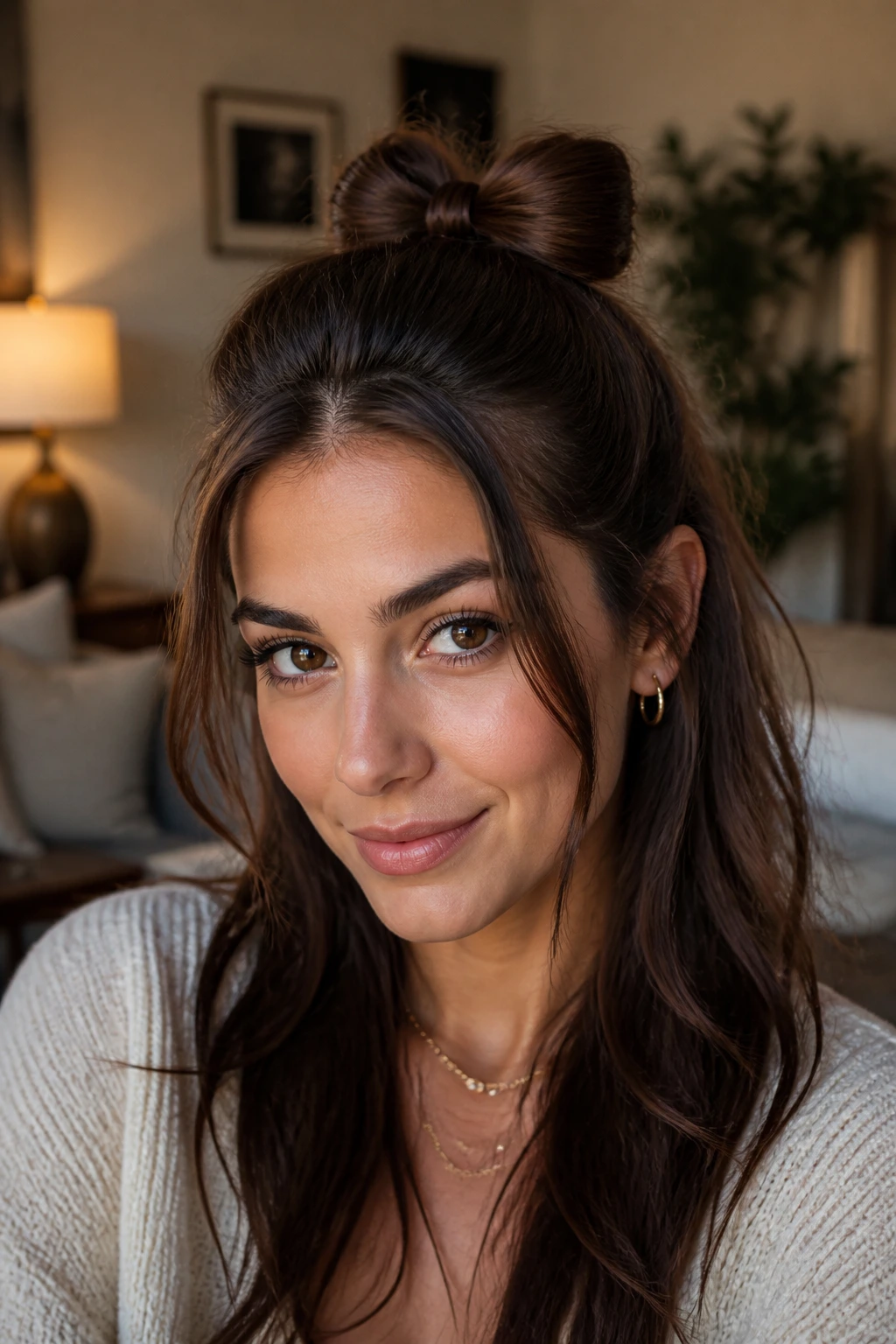 Close-up of a real woman with a small half-up bow at the crown.