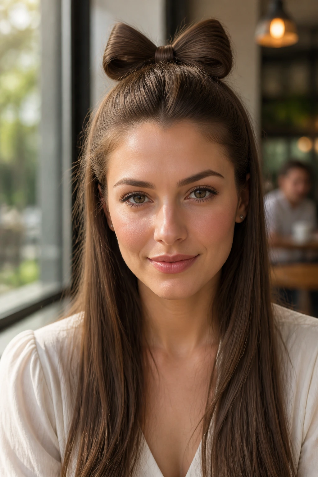Close-up of a real woman with a half-up bow style on sleek long hair