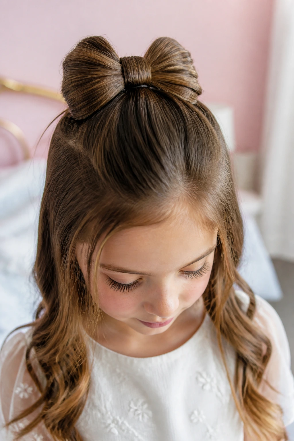 Close-up of a real child wearing a Half-Up Bow Knot hairstyle with hair-created bow and snug loops.