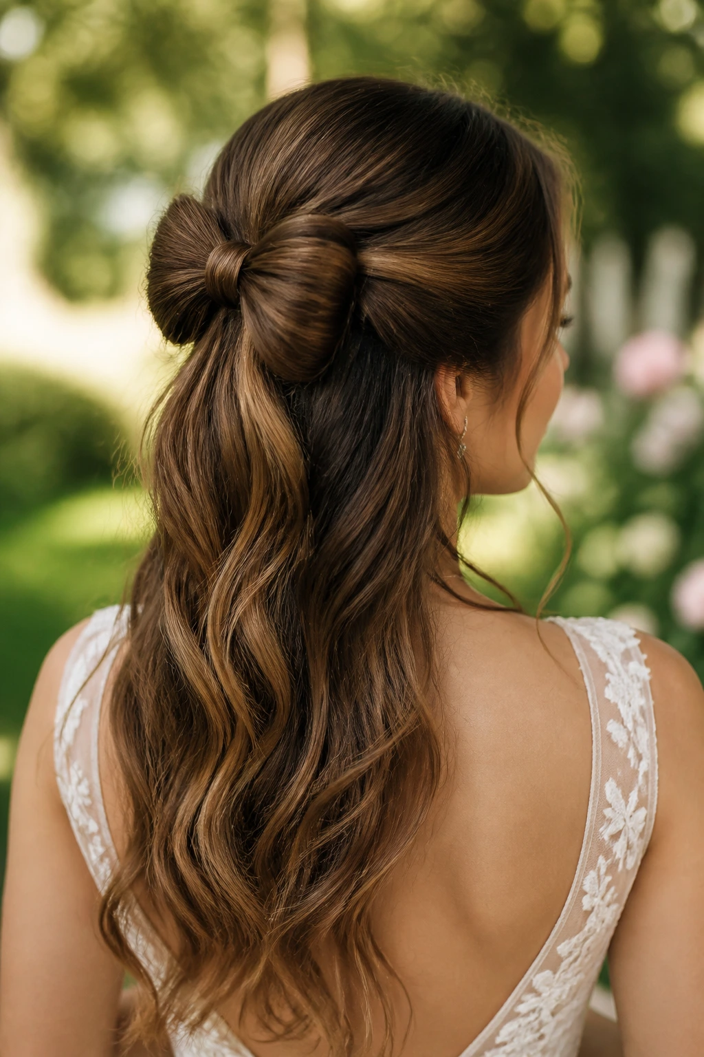 Close-up of a bride's half-up bow twist hairstyle