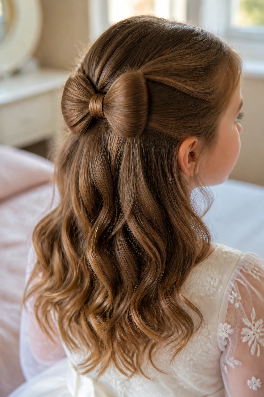 Close-up of a child showing Half-Up Bow Twist hairstyle with a back bow
