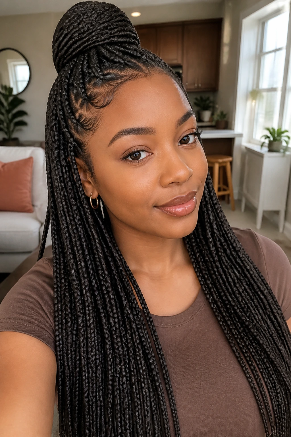Close-up of a real Black woman wearing half-up half-down box braids with crown lift