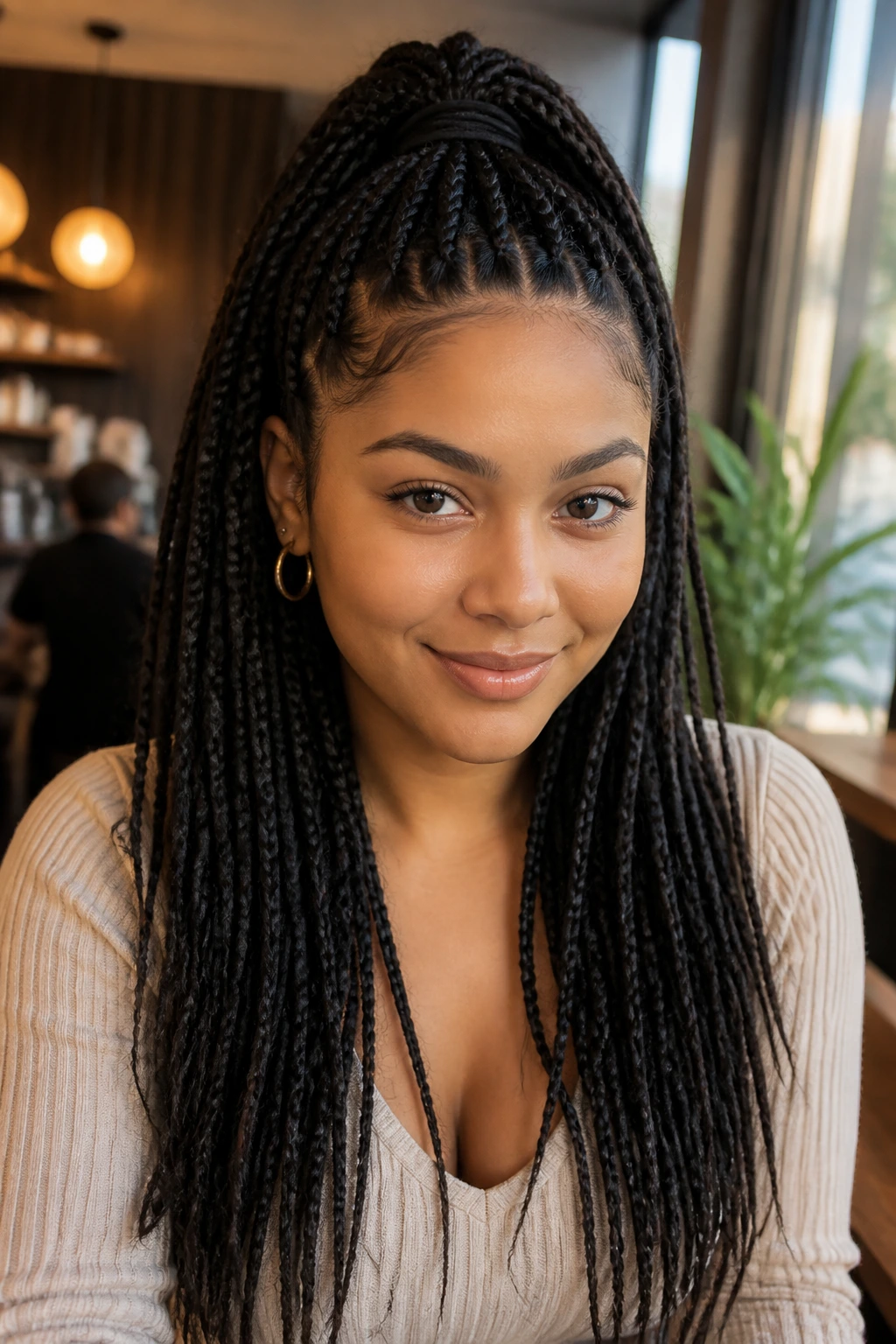 Close-up of a person with half-up box braids in a cozy cafe