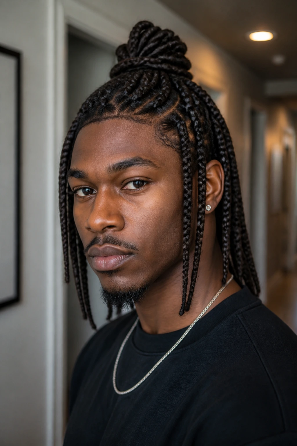 Real man with half-up box braids portrait in indoor setting