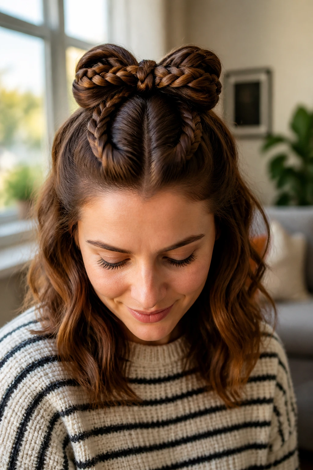 Close-up of a real woman with half-up braided bow hairstyle