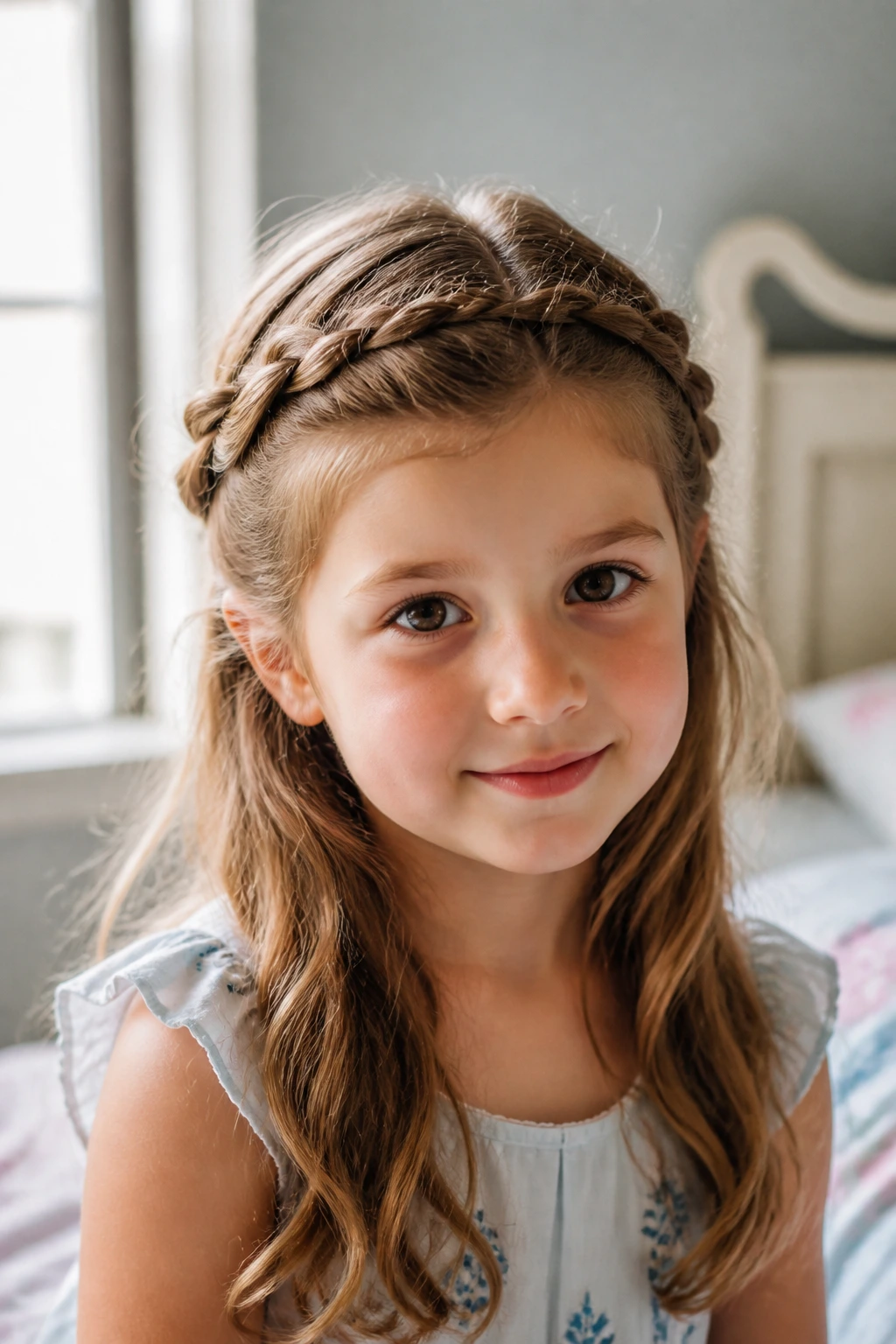 Close-up of a real young girl wearing a half-up braided crown with loose hair