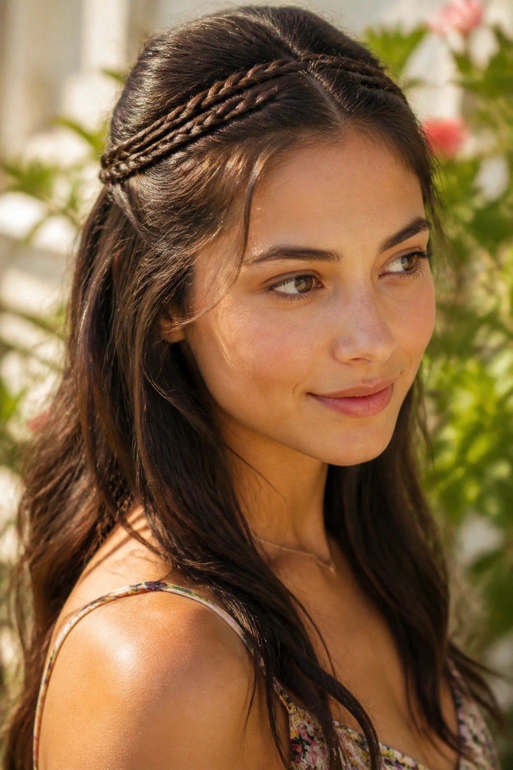 Portrait of a woman with a half-up mini braid crown and face framing silhouette.