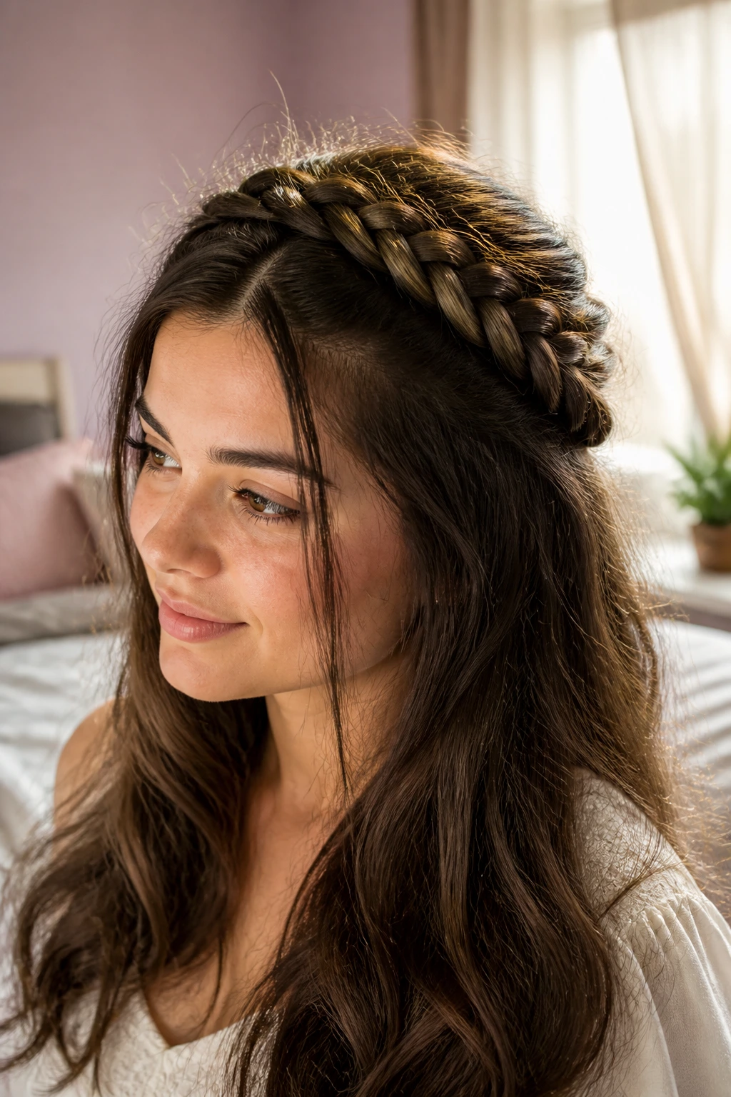 Close-up of a real woman wearing a braid crown across the top of the head