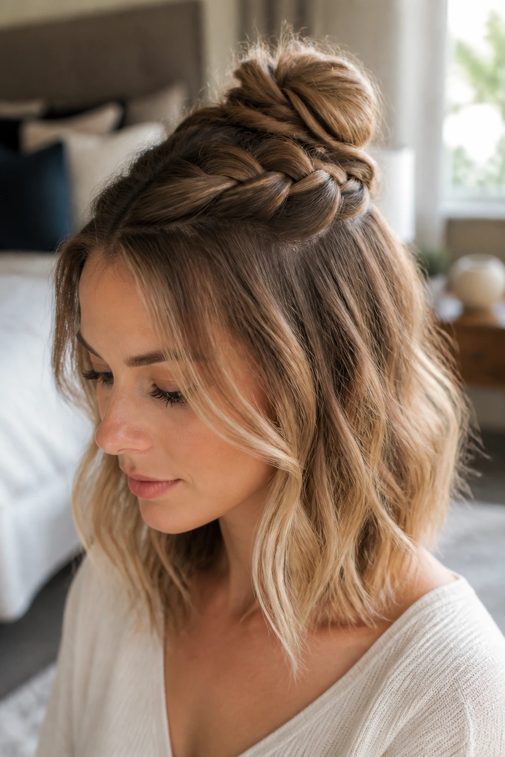 Close-up of a real woman with a half-up braided bun on shoulder-length hair in a cozy bedroom
