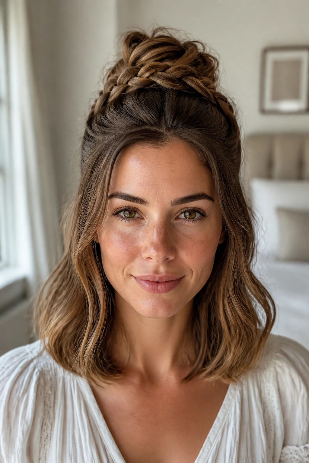 Close-up portrait of a real woman with a half-up braided bun on shoulder-length hair in natural light.