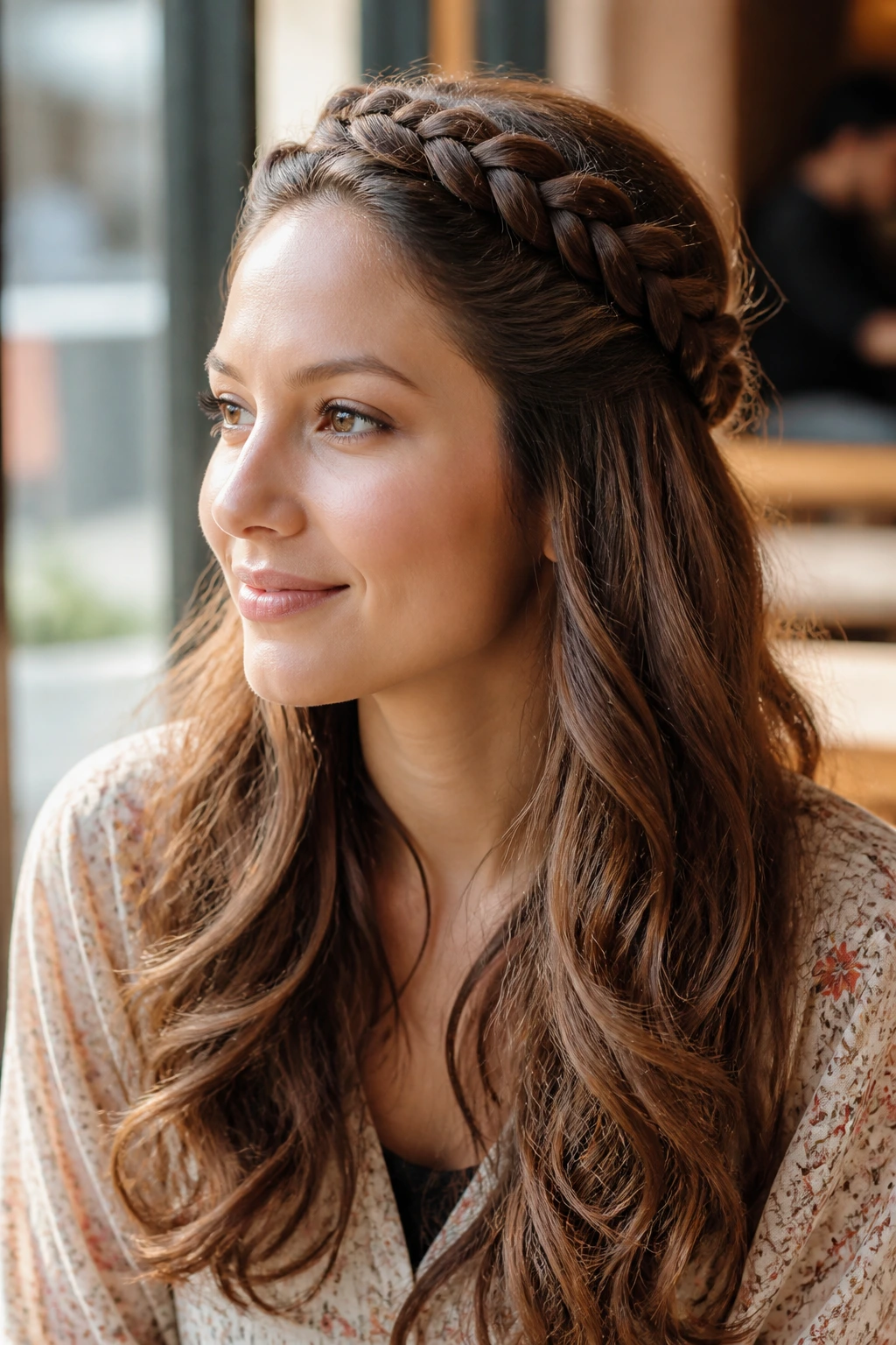 Portrait of a woman with a half-up braided crown and loose waves.