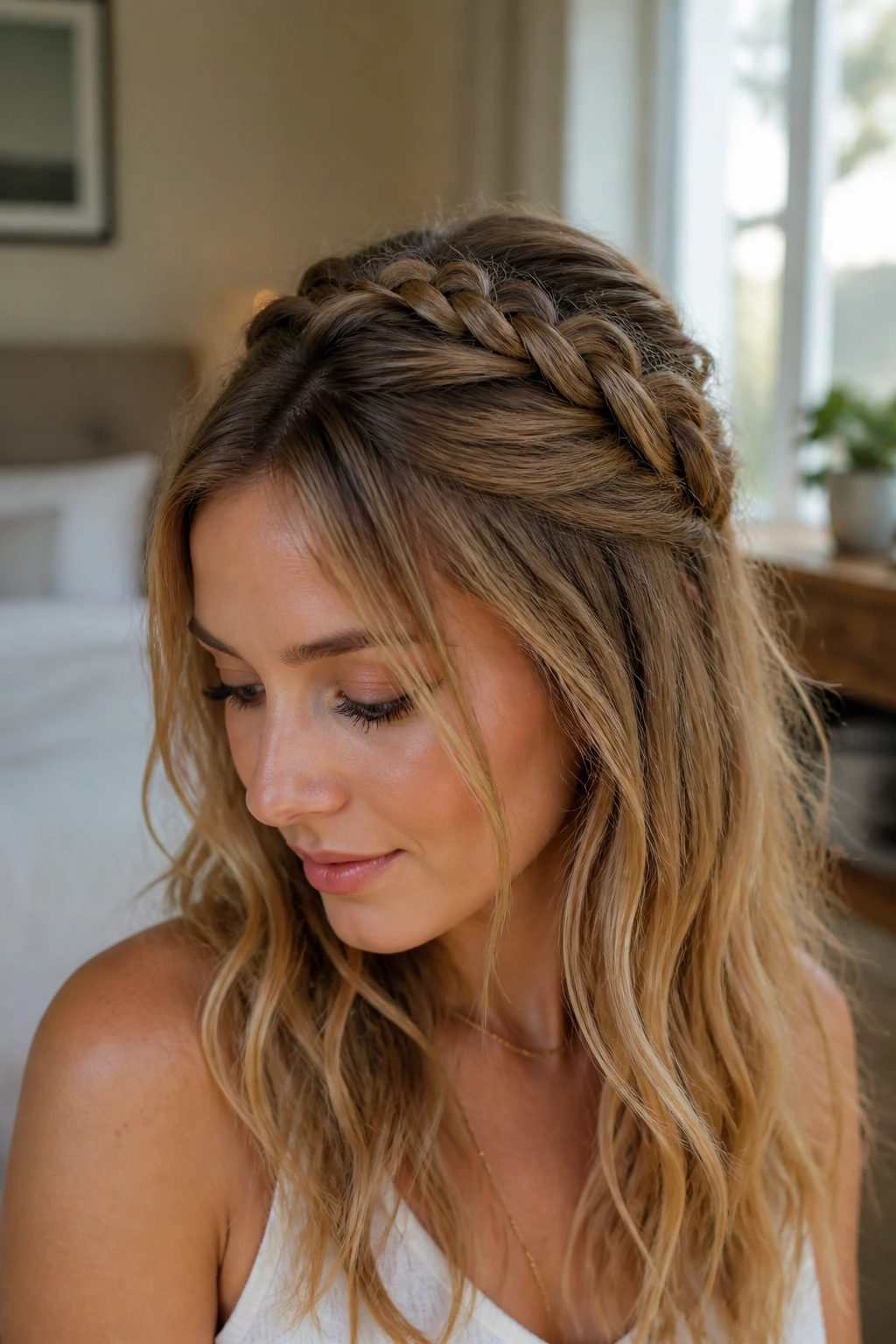 Close-up portrait of a real woman with a half-up braided crown and loose hair