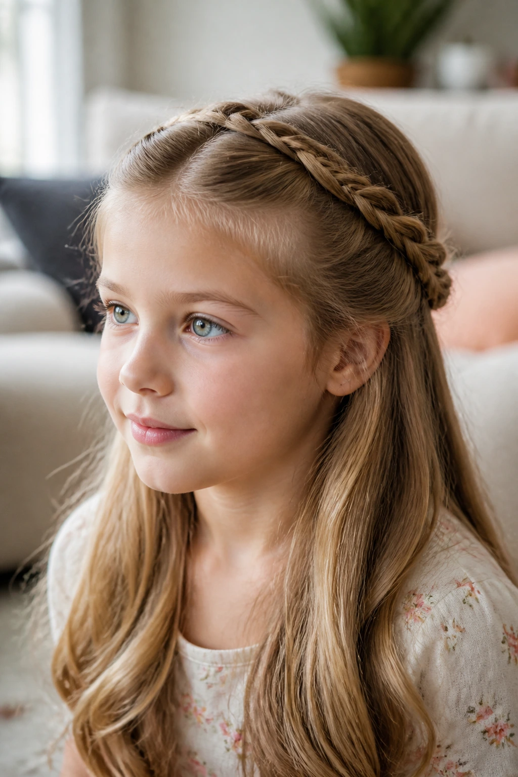 Close-up of a real girl wearing a half-up braided crown in a cozy room