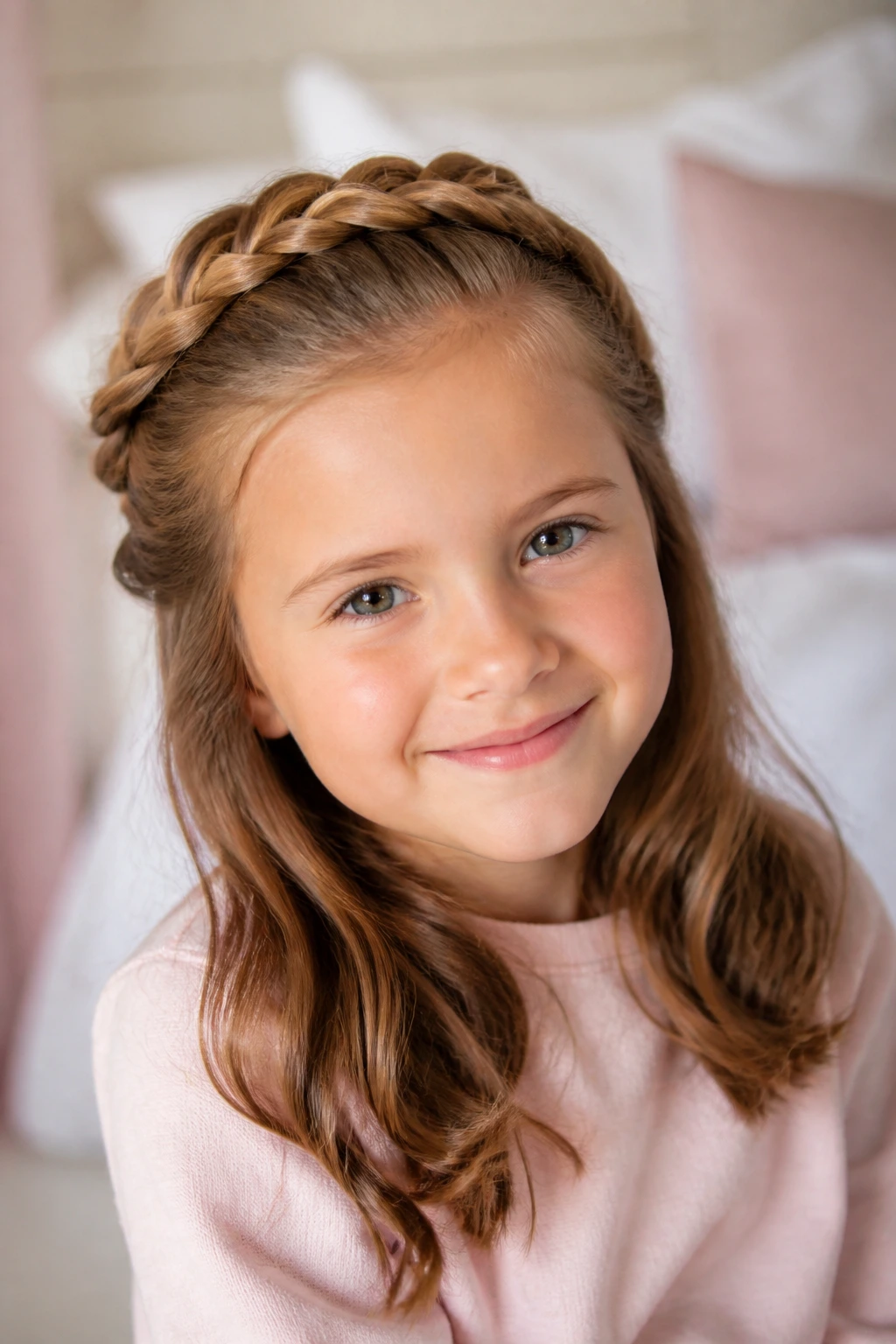 Real child wearing a half-up braided crown in a softly lit bedroom