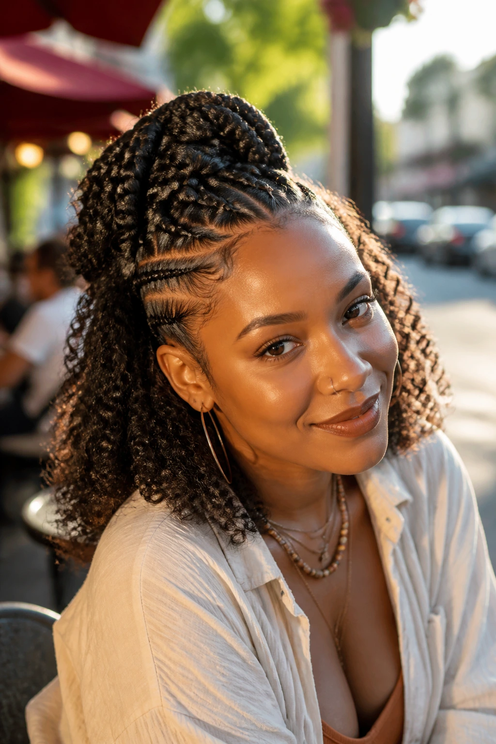 Real person with half-up braided mohawk and loose curls outdoors