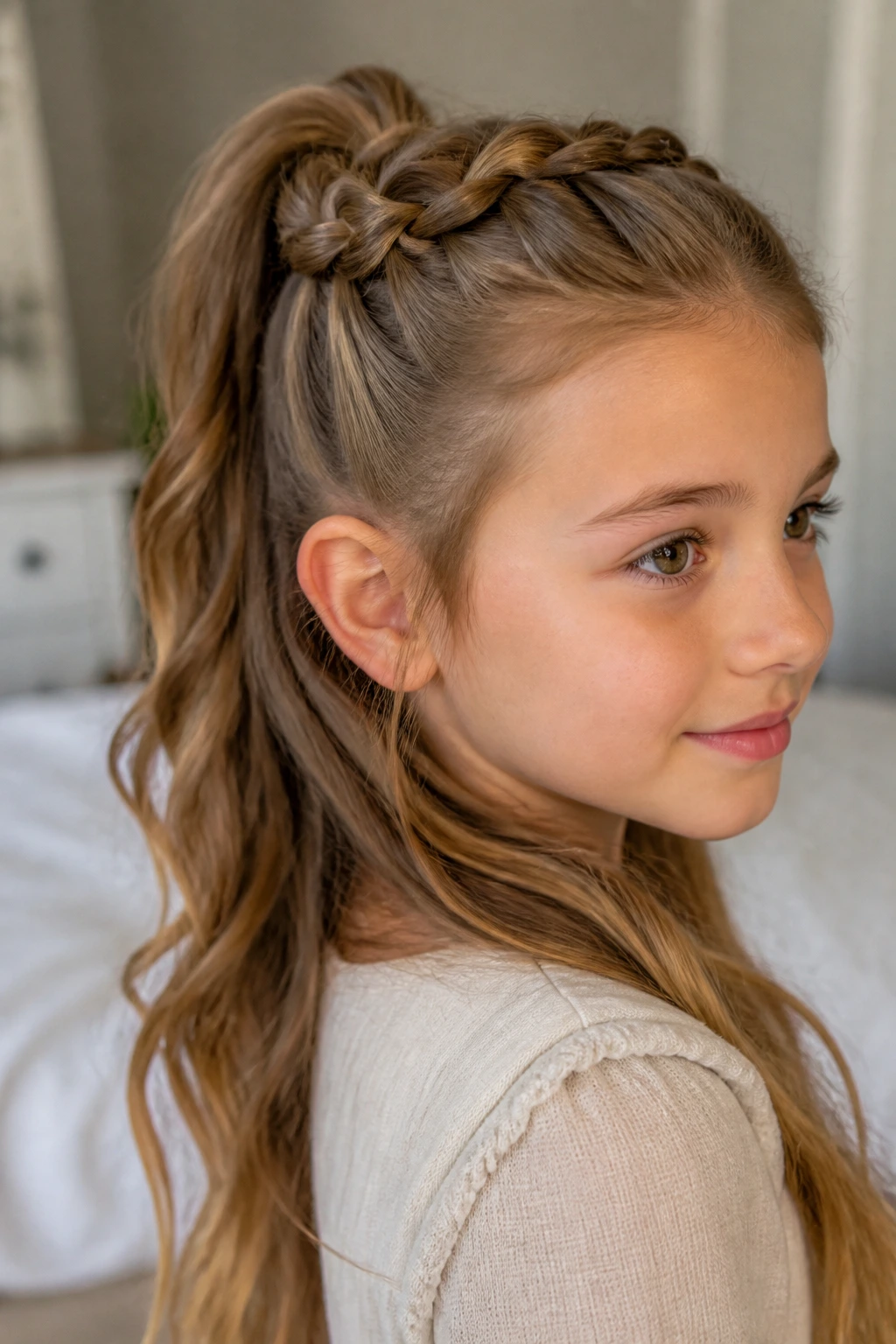 Close-up of a real girl with a half-up braided ponytail