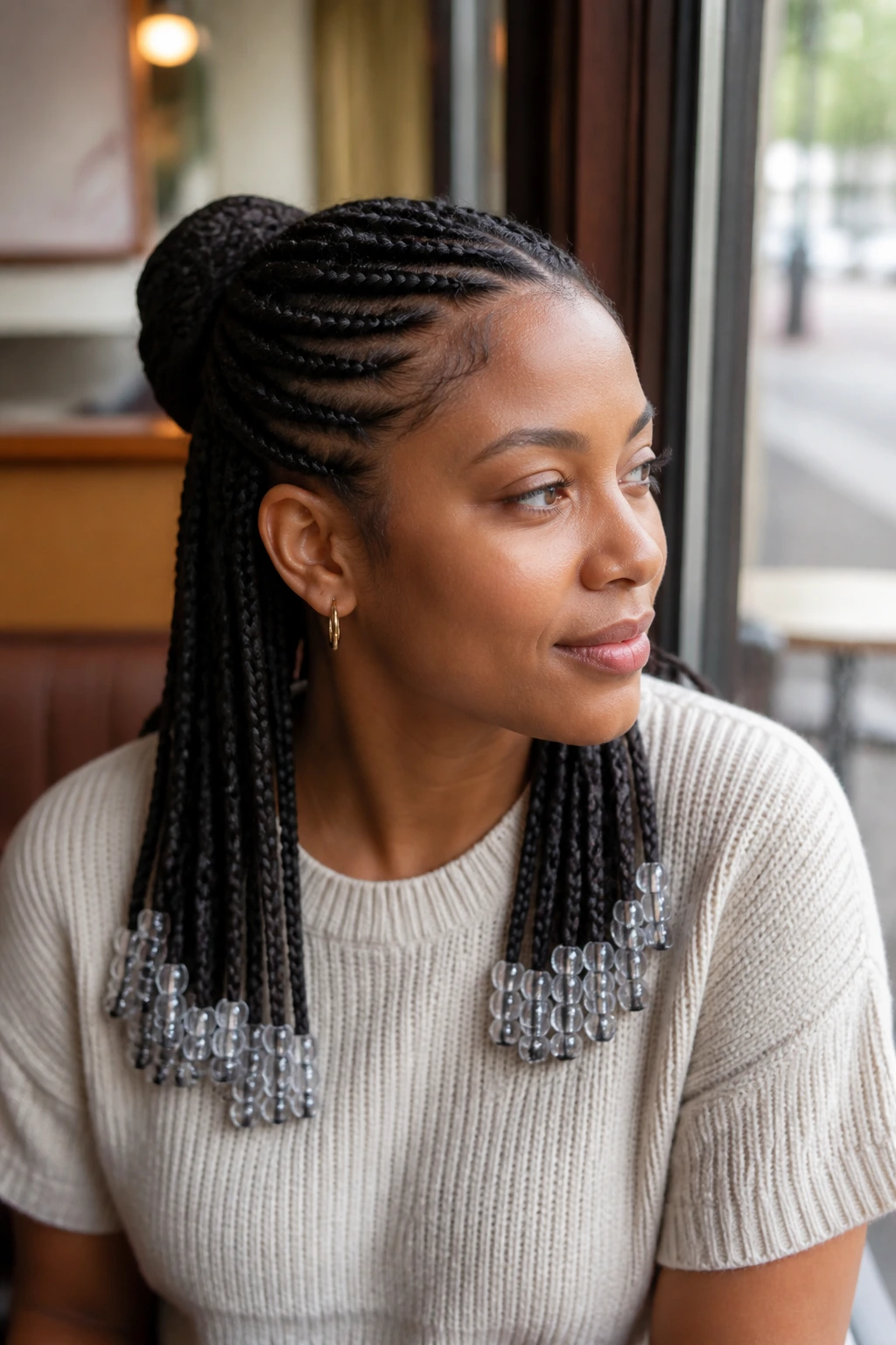 Close-up of a real person with half-up braids and beaded ends
