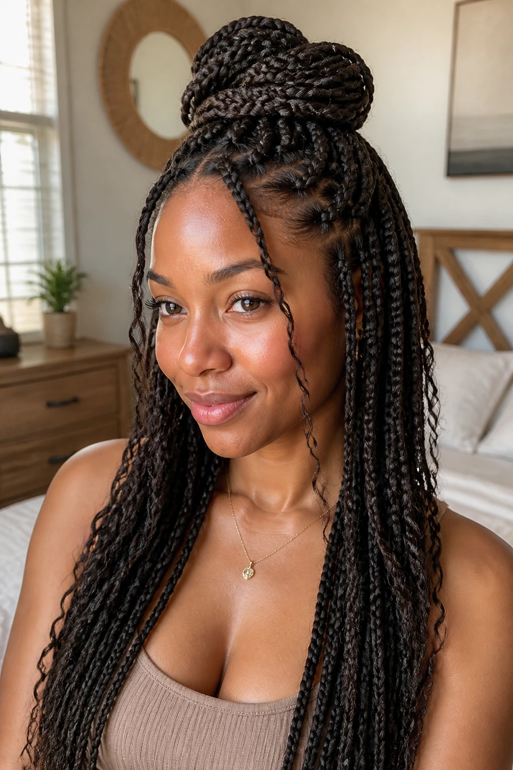 Close-up of a real woman with a crown-knot half-up braid hairstyle