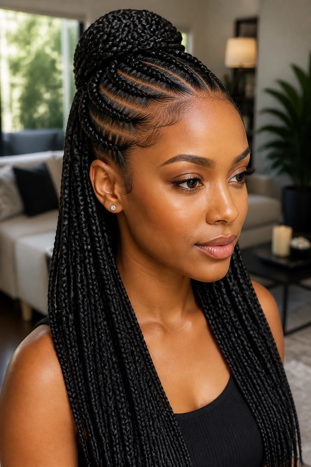 Close-up of a real woman with half-up feed-in braids and a sleek crown lift