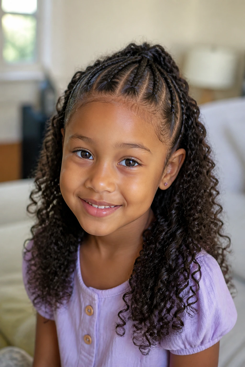 Portrait of a girl with half-up braids and curly hair in natural light