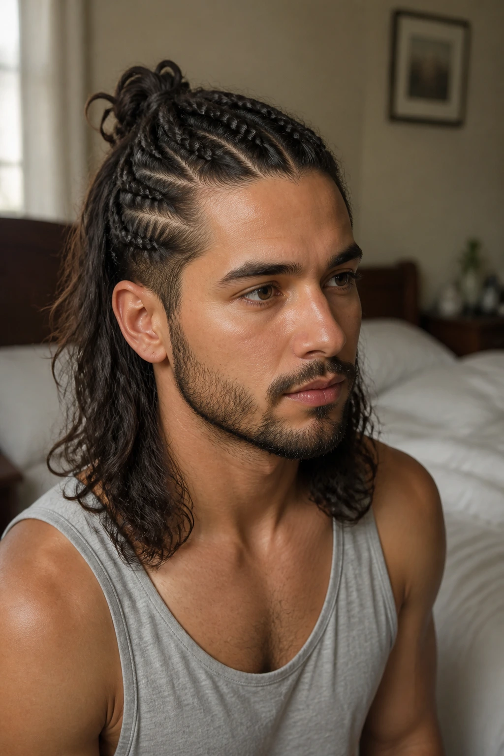 Man with half-up braids and loose-length hair in a bedroom