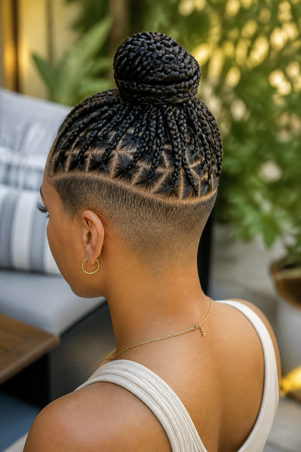 Rear three-quarter view of half-up braids with a shaved back