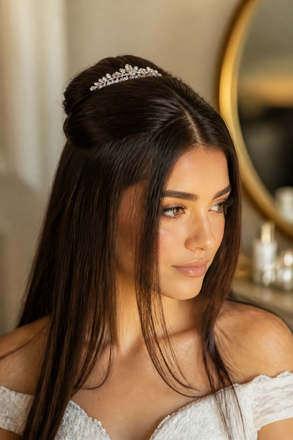Bride half-up hairstyle with crystal barrette