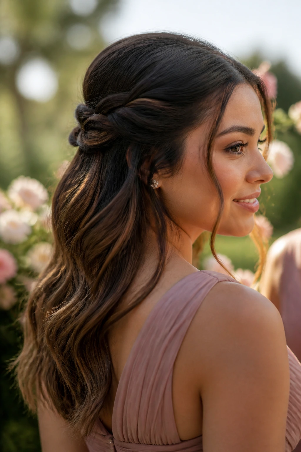 Close-up portrait of a real bridesmaid with a half-up hairstyle in a sunlit garden