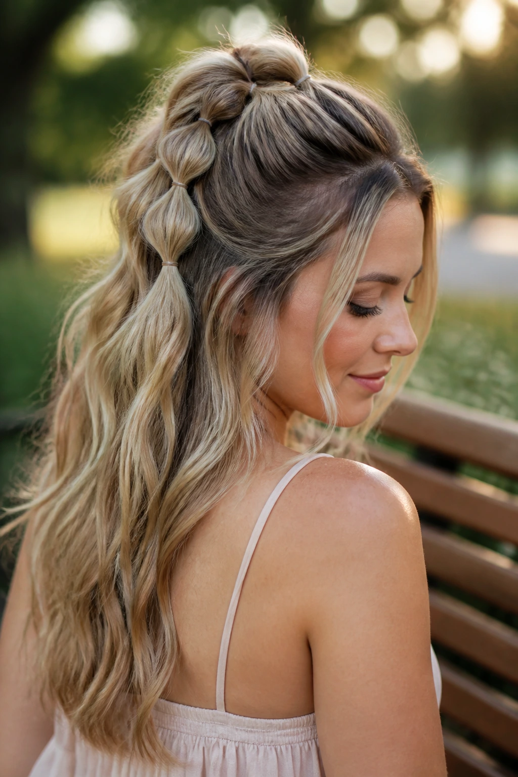 Close-up portrait of a real woman with half-up bubble braid