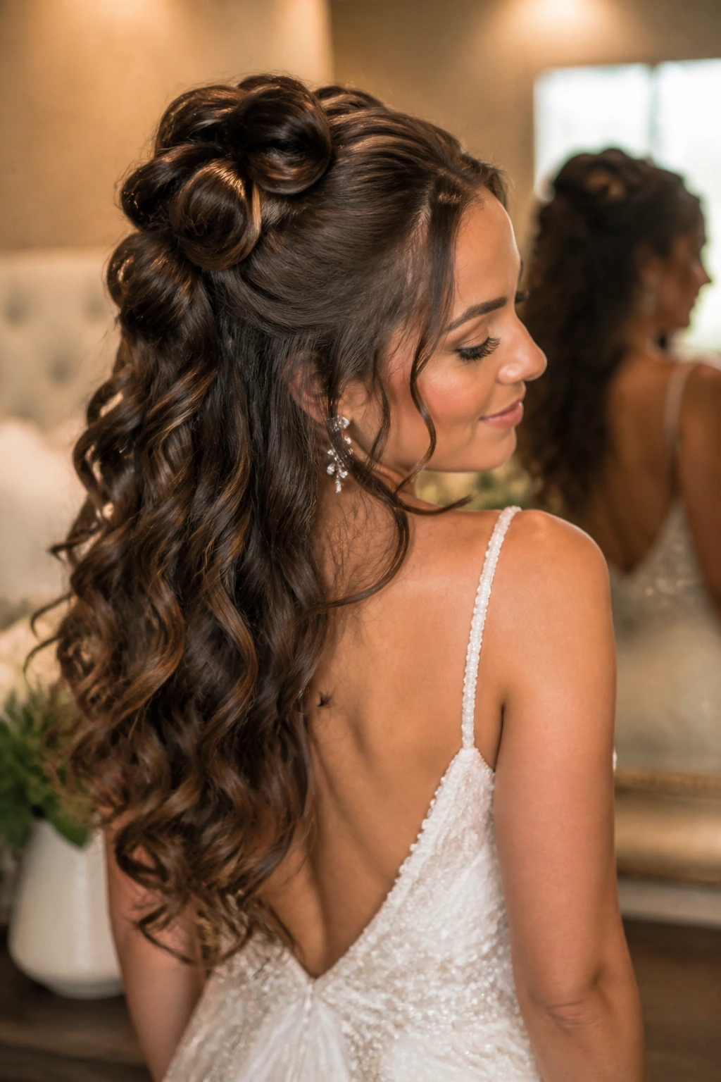 Bride with half-up bubble sections and curls portrait