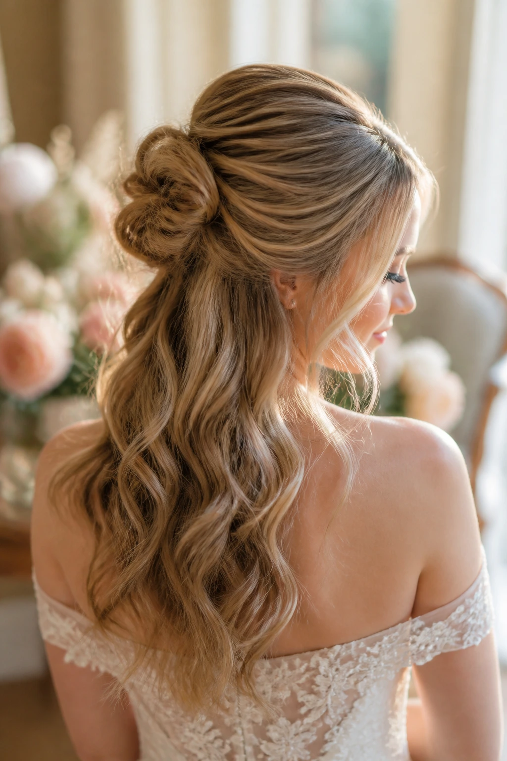 Back-of-head close-up of a bride with a half-up bun and loose lengths.