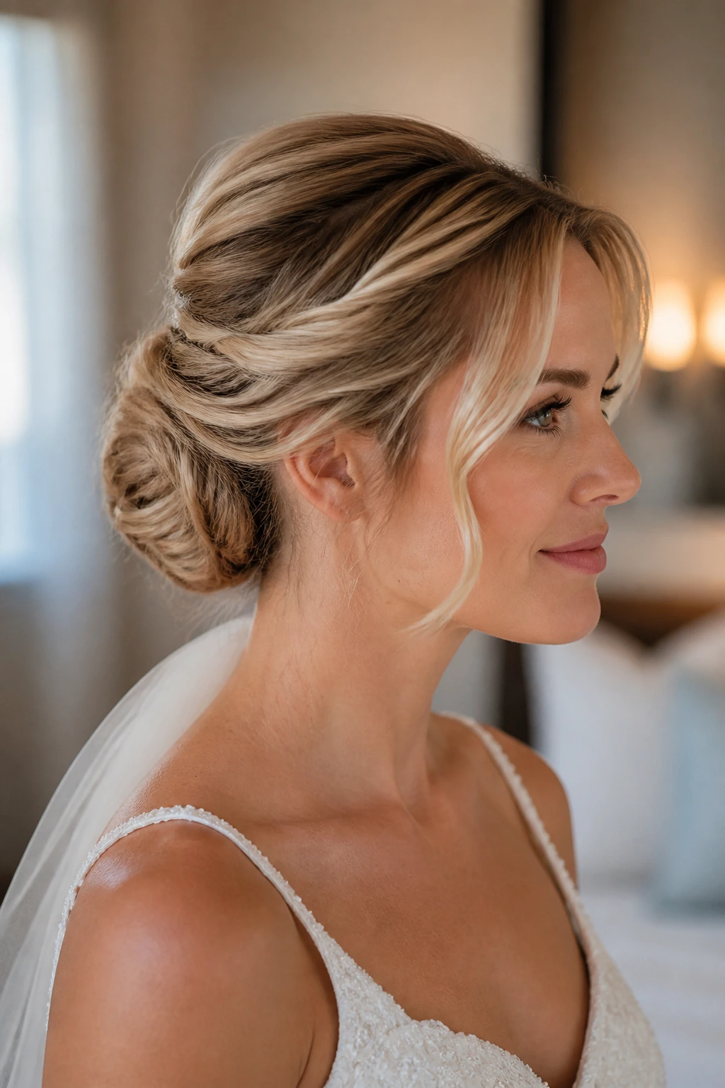 Close up of real bride showing half up to full up transition bun with soft waves