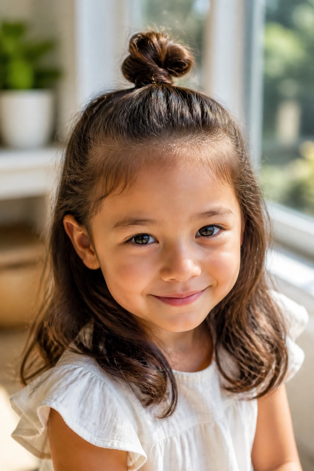 Close-up of a child with a half-up mini bun and loose hair below