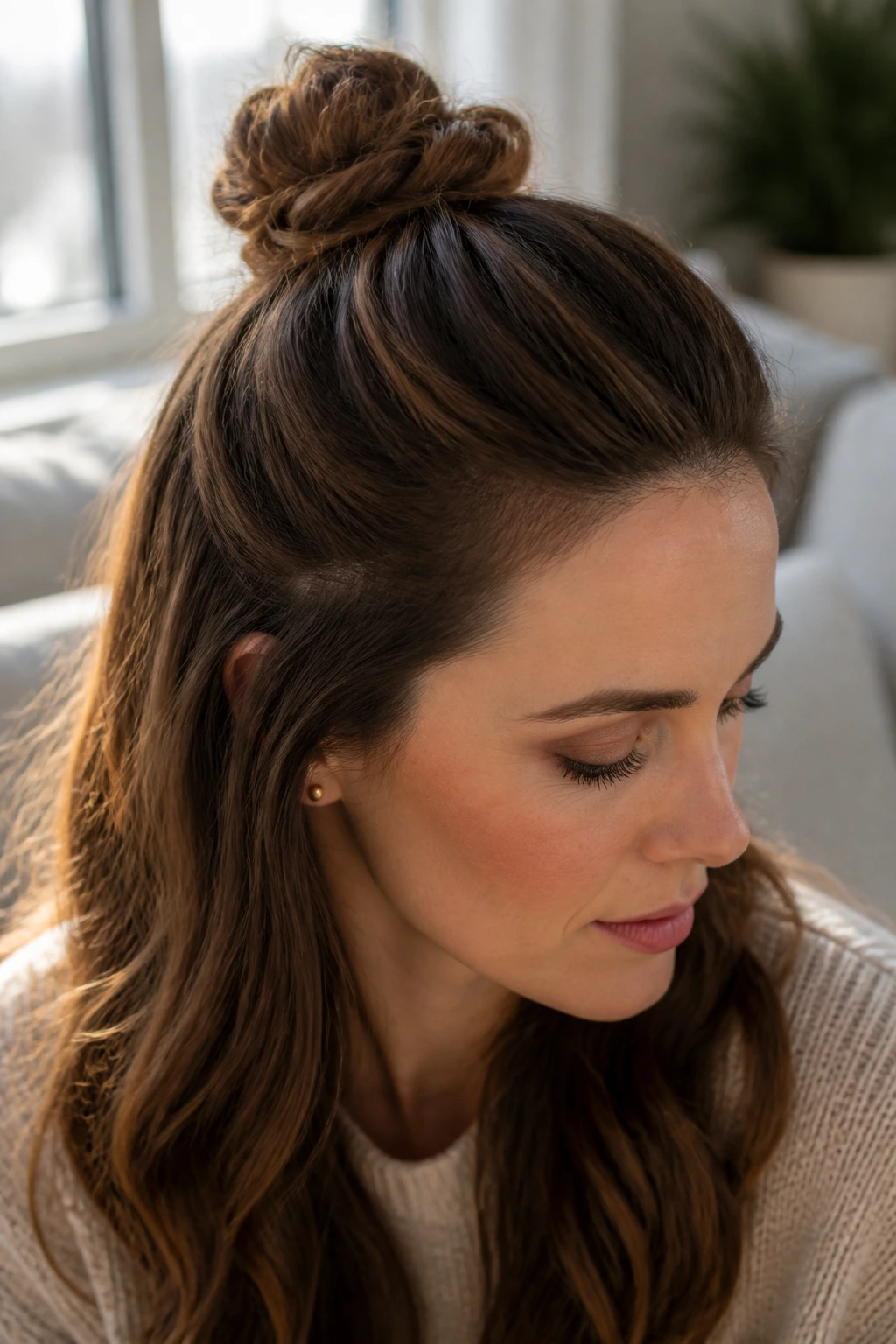 Close-up of a real woman with a half-up bun at the crown